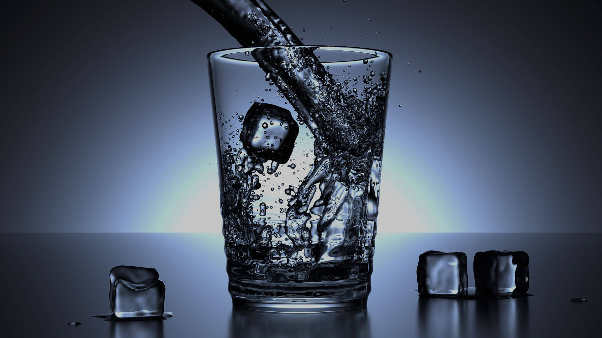 Pouring water to a clear glass with ice